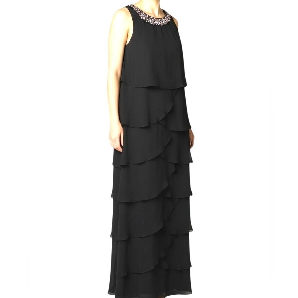 R & M Richards embellished full length Evening gown Tiered Black Size 6